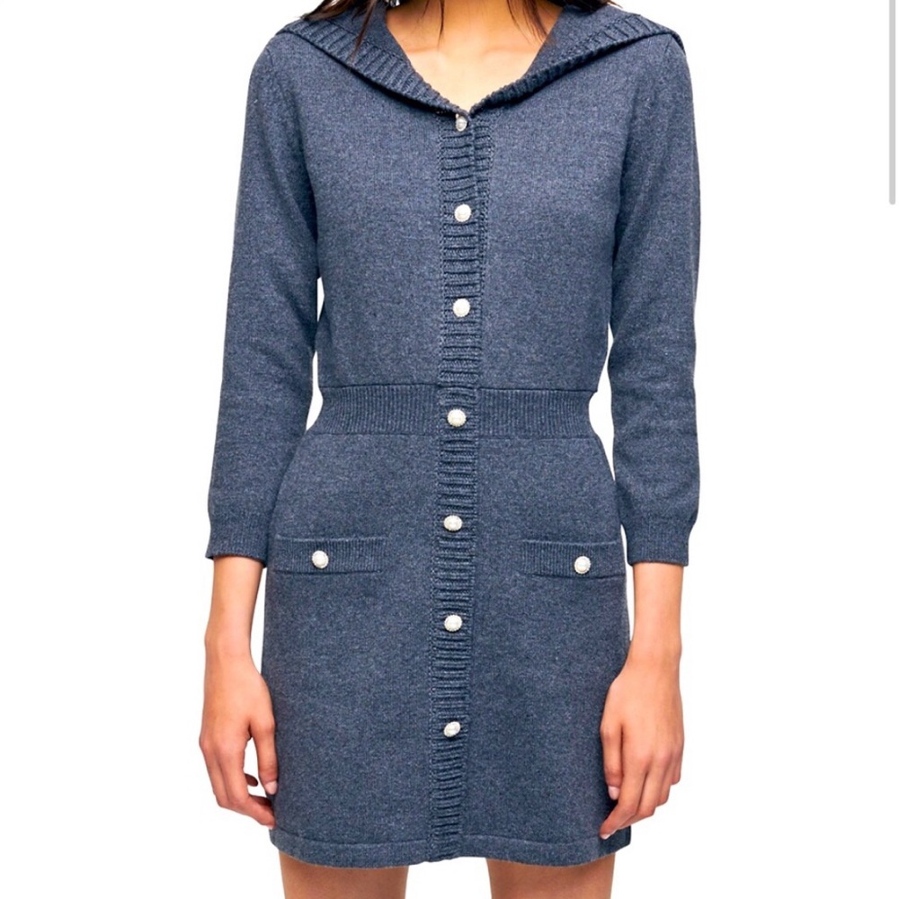 Maje Ralorie Wool Cotton Blend Sailor Pearl Button Down Sweater Dress
